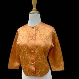 Vtg 50s Orange Brocade Floral Satin Top Mrs Maisel 34 Rhinestone Buttons As Is
